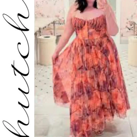 Hutch Amara Bustier Pleated Fit and Flare Midi Dress pink/purple 24W - Picture 3 of 12